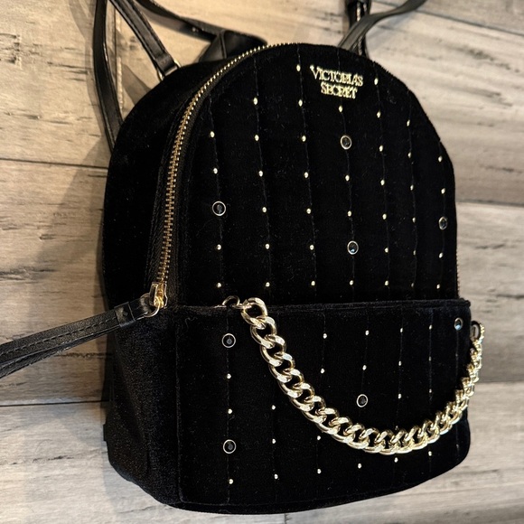 Victoria\'s Secret Black Velvet Mini Backpack with Gold Chain Accent